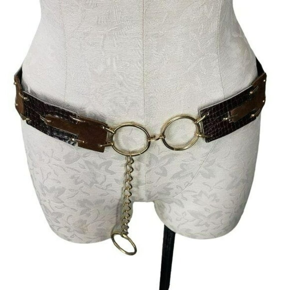 Brown Leather Gold Hoop Hook Closure Statement Belt Cosplay